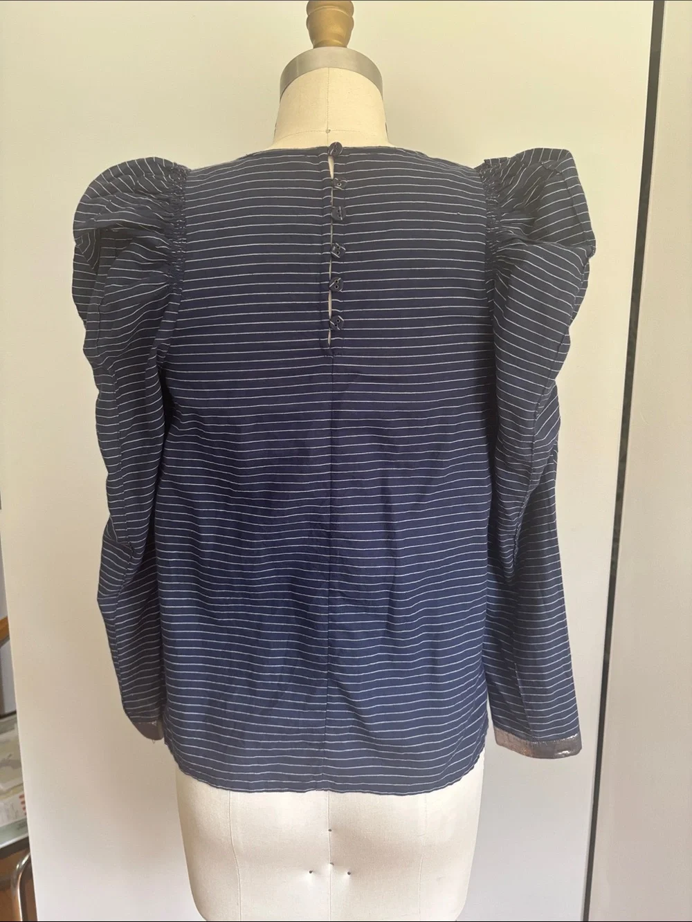 Ulla Johnson Navy Striped Puff-Sleeve Blouse - With Tag from Barneys